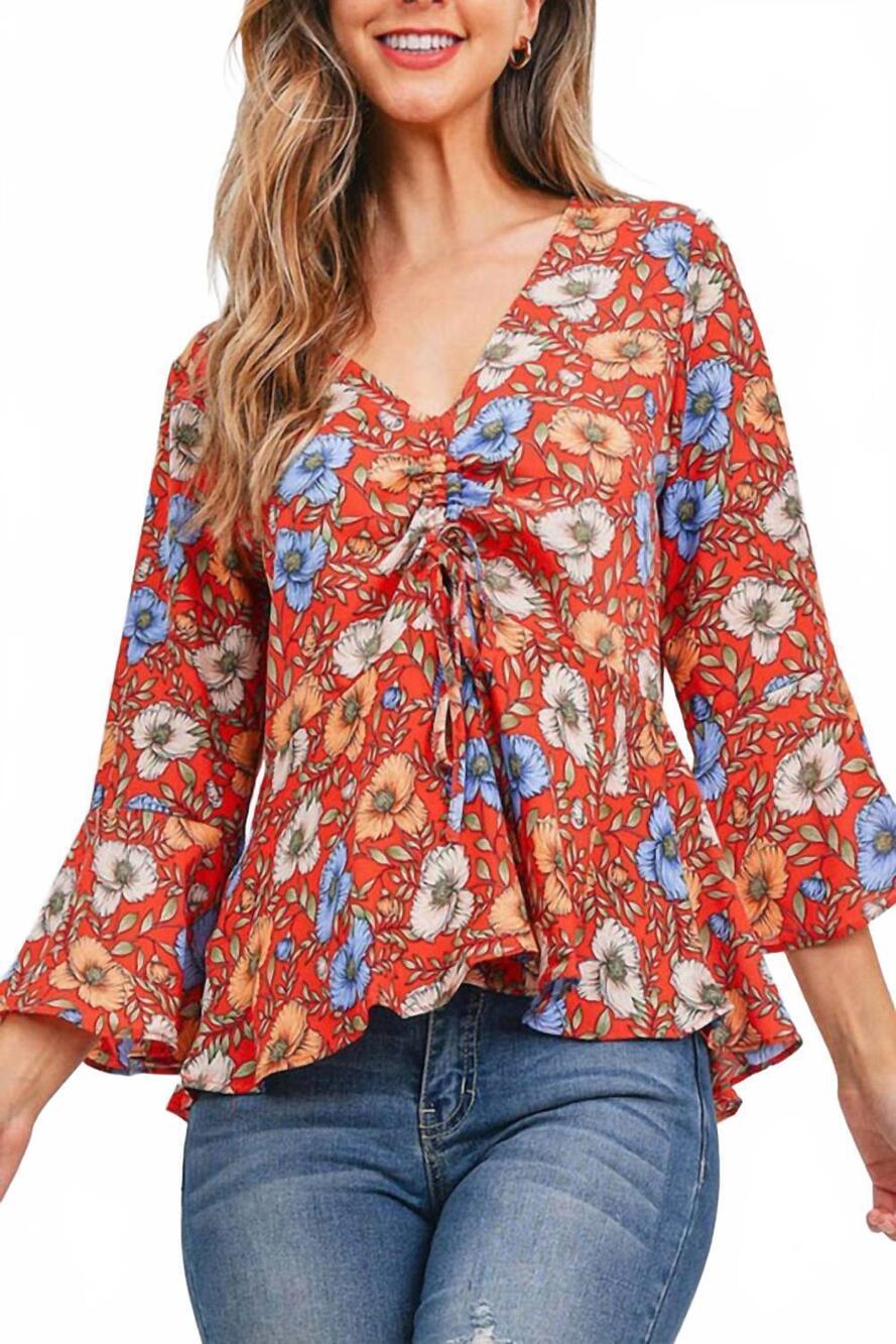 NEW SISTER FASHION women's floral flowing boho babydoll top in red